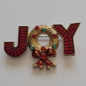 Vintage Joy Gold Tone Brooch Rhinestones Holiday Christmas Red
